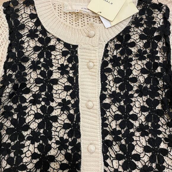 A’reve NWT Lace Overlay Cardigan | Cream Knit w/ Black Crochet Lace, Size Small - Picture 9 of 10